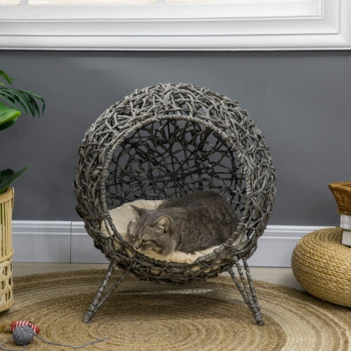 PawHut Rattan Elevated Cat Bed House Kitten Basket Ball Shaped Pet Furniture W Removable Cushion - Silver-Tone And Grey