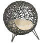 PawHut Rattan Elevated Cat Bed House Kitten Basket Ball Shaped Pet Furniture W Removable Cushion - Silver-Tone And Grey